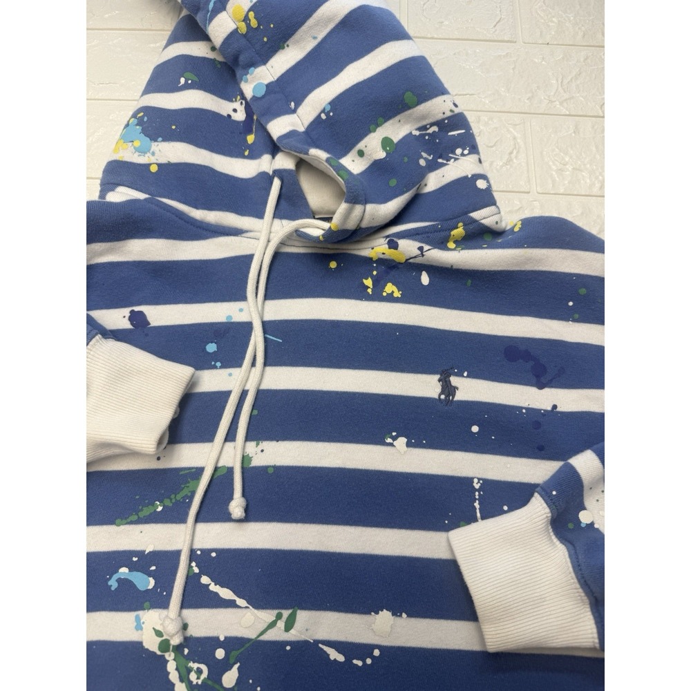 Polo Ralph Lauren Pony Cropped Striped Paint Splatter Hoodie Blue White Large